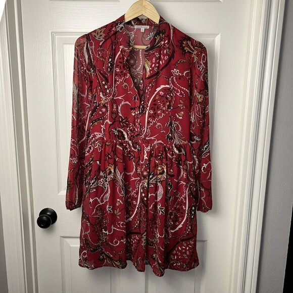 Charlotte Russe Red Floral Boho Long Sleeved Button V-Neck Babydoll Dress Medium - Picture 2 of 10